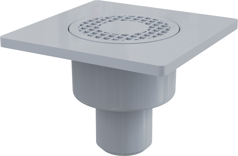 Сливной трап 150×150/50 мм прямой сток, решетка серая, гидрозатвор мокрый Сливной трап 150×150/50 мм прямой сток, решетка серая, гидрозатвор мокрый