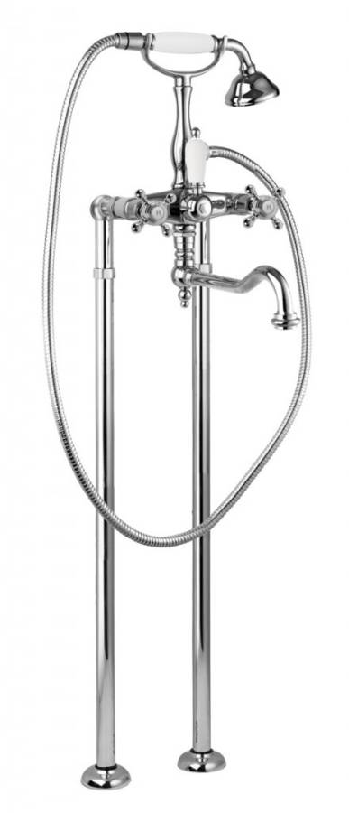 GOLF-VDP2-01-Bi Напольный смеситель для ванны с ручным душем и поворотным изливом Исполнение: Хром, Ручки: Белые  GOLF-VDP2-01-Bi Напольный смеситель для ванны с ручным душем и поворотным изливом Исполнение: Хром, Ручки: Белые