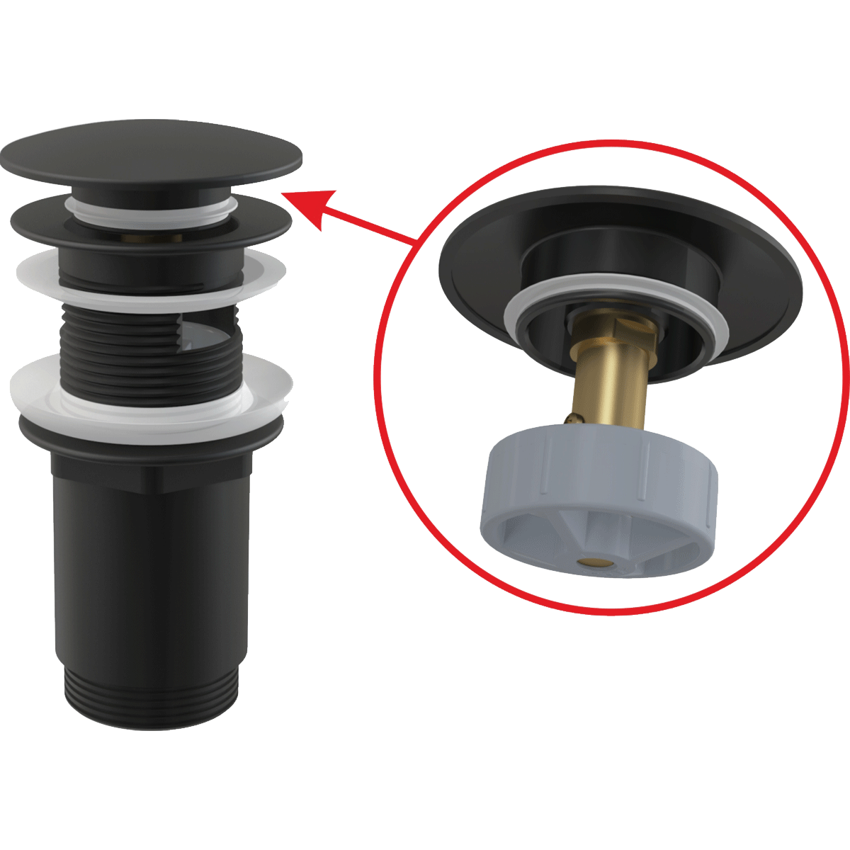Донный клапан сифона для умывальника CLICK/CLACK 5/4", цельнометаллический с переливом и большой черной заглушкой Донный клапан сифона для умывальника CLICK/CLACK 5/4", цельнометаллический с переливом и большой черной заглушкой