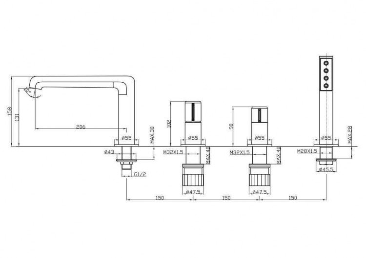 UNO Смеситель на борт ванны с ручным выдвижным душем, черный UNO-BVD4-NERO UNO Смеситель на борт ванны с ручным выдвижным душем, черный UNO-BVD4-NERO