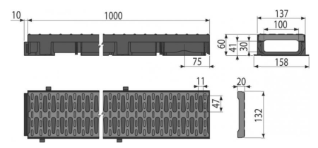 Дренажный канал 60мм с пластмассовой рамой и пластмассовой решеткой A15 Дренажный канал 60мм с пластмассовой рамой и пластмассовой решеткой A15