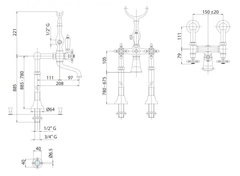 LORD-VDP-03/24-Bi Напольный смеситель для ванны с ручным душем Исполнение: Золото 24 карат, Ручки: Белый  LORD-VDP-03/24-Bi Напольный смеситель для ванны с ручным душем Исполнение: Золото 24 карат, Ручки: Белый