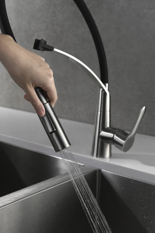 Смеситель для кухни с гибким изливом, двухрежимный, нержавеющая сталь, исполнение сатин BB-LAM36-IN Смеситель для кухни с гибким изливом, двухрежимный, нержавеющая сталь, исполнение сатин BB-LAM36-IN