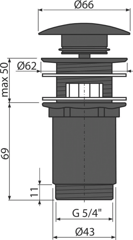 Донный клапан сифона для умывальника CLICK/CLACK 5/4", цельнометаллический с переливом и большой черной заглушкой Донный клапан сифона для умывальника CLICK/CLACK 5/4", цельнометаллический с переливом и большой черной заглушкой