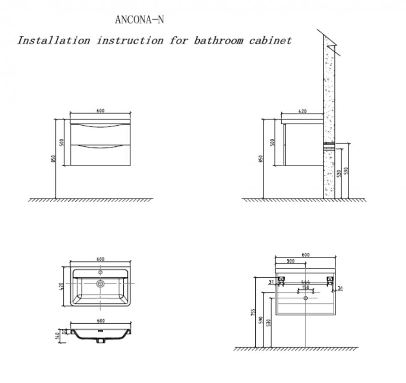 Раковина из искусственного мрамора BelBagno ANCONA-N ENERGIA-N EA-600-LVB Раковина из искусственного мрамора BelBagno ANCONA-N ENERGIA-N EA-600-LVB