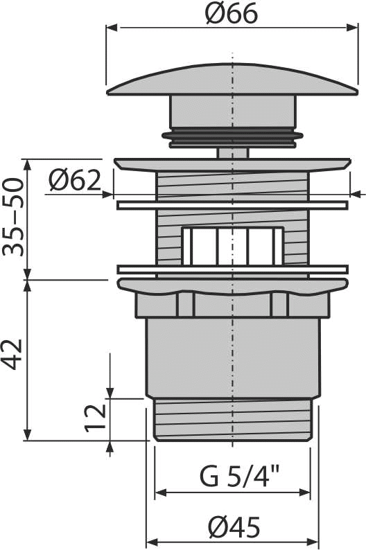 Донный клапан сифона для умывальника CLICK/CLACK 5/4", цельнометаллический с переливом и большой заглушкой Донный клапан сифона для умывальника CLICK/CLACK 5/4", цельнометаллический с переливом и большой заглушкой