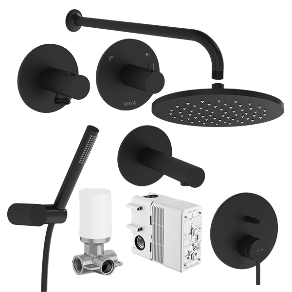 Набор встроенной душевой системы Origin на 3 направления, матовый черный (верхняя лейка, излив, ручной душ, смеситель встроенный внешняя и внутренняя часть) Набор встроенной душевой системы Origin на 3 направления, матовый черный (верхняя лейка, излив, ручной душ, смеситель встроенный внешняя и внутренняя часть)