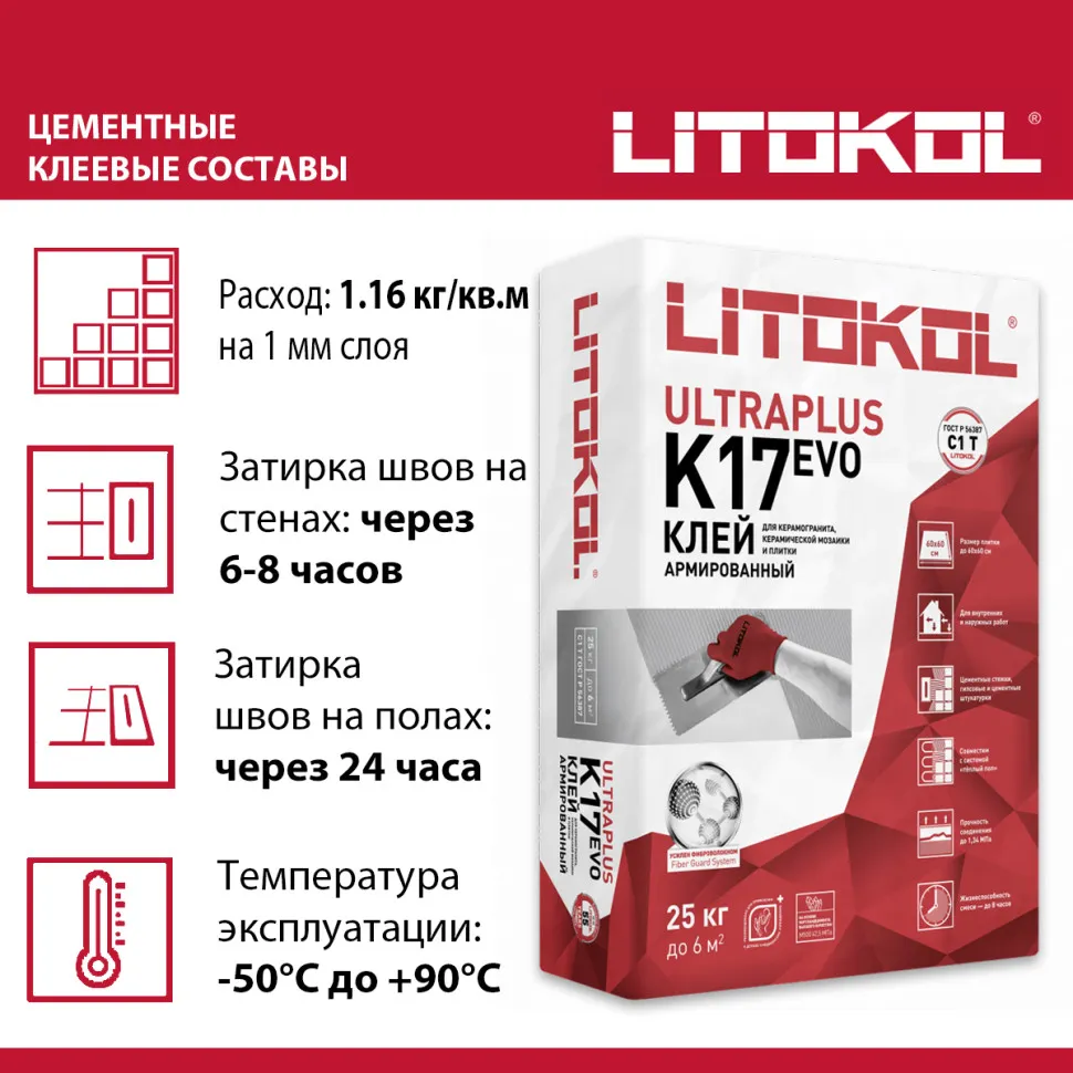 Клей фиброармированный тиксотропный для керамической плитки и керамогранита до 60х60 см. ULTRAPLUS K17 EVO, С1 T Клей фиброармированный тиксотропный для керамической плитки и керамогранита до 60х60 см. ULTRAPLUS K17 EVO, С1 T