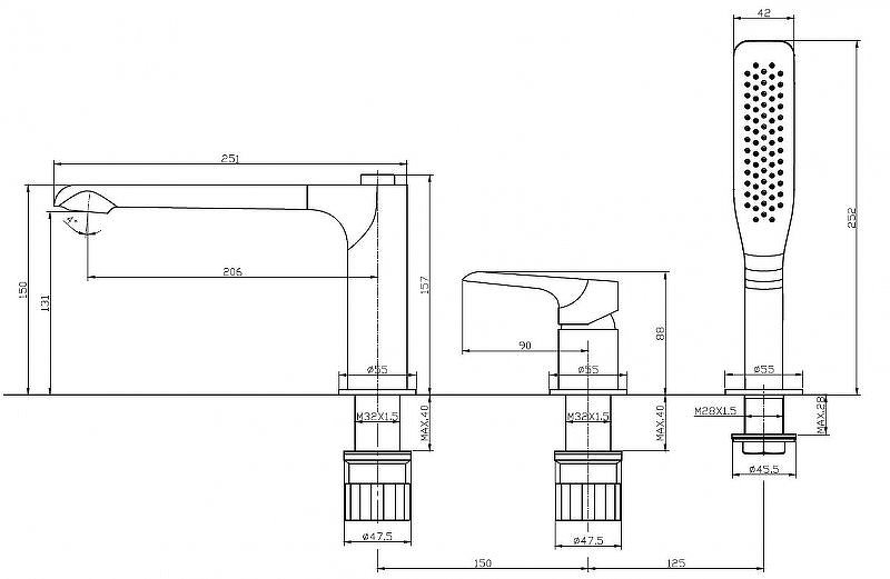 ANCONA Смеситель на борт ванны с ручным выдвижным душем, хром ANCONA-BVD3-CRM ANCONA Смеситель на борт ванны с ручным выдвижным душем, хром ANCONA-BVD3-CRM