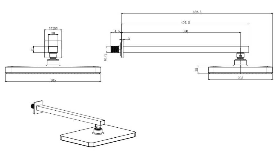 Верхний душ настенный 305х205мм AQUATEK, матовый черный AQ2081MB  Верхний душ настенный 305х205мм AQUATEK, матовый черный AQ2081MB