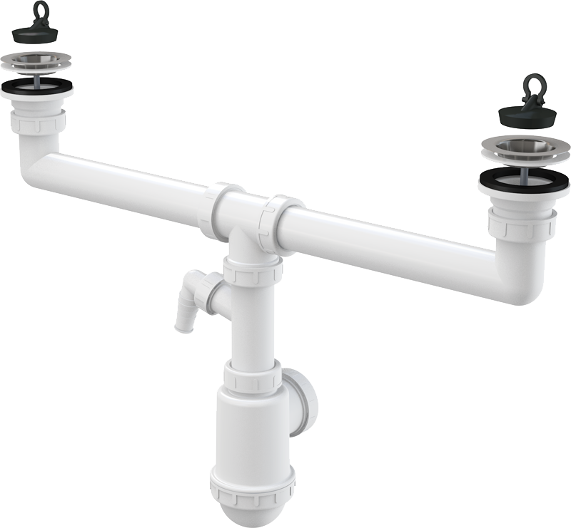 Сифон для сдвоенной мойки с нержавеющими решетками DN70 и штуцером Сифон для сдвоенной мойки с нержавеющими решетками DN70 и штуцером