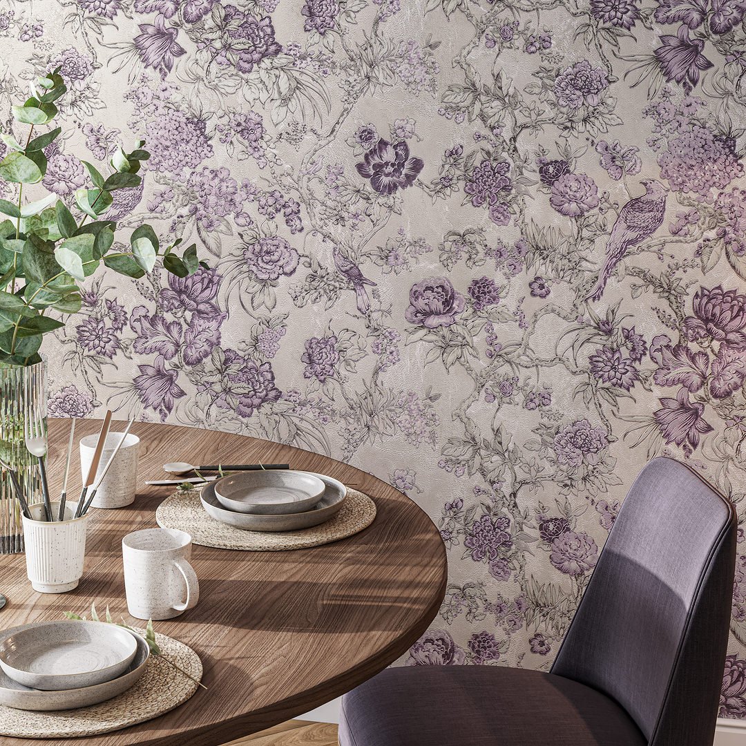 Обои виниловые Азулежу мотив, бежево-фиолетовый Обои виниловые Азулежу мотив, бежево-фиолетовый