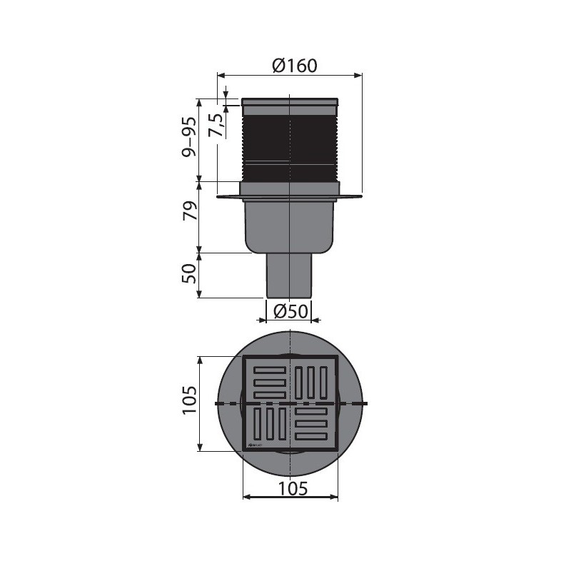 Сливной трап 105×105/50 мм прямой сток, решетка серая, гидрозатвор мокрый Сливной трап 105×105/50 мм прямой сток, решетка серая, гидрозатвор мокрый