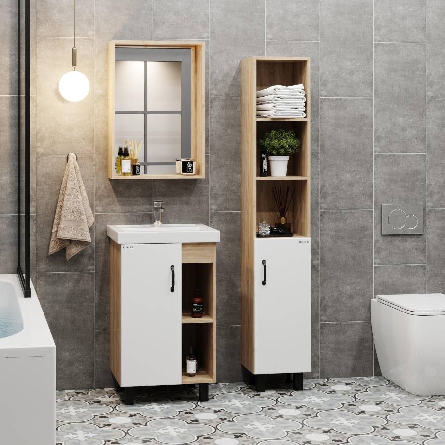 Тумба Onika Тимбер 50 напольная, белая мат./дуб сонома (ум. Фостер 50) Тумба Onika Тимбер 50 напольная, белая мат./дуб сонома (ум. Фостер 50)