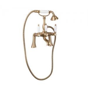 FIRST-PBV-03/24-Bi Смеситель на борт ванны с ручным душем Исполнение: Золото 24 карат, Ручки: Белые 