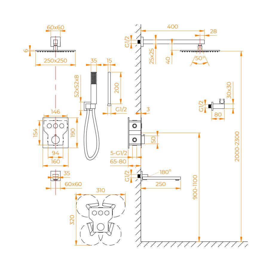 Система для душа встраиваемая RGW SP-371, RGW 511408371-01 Система для душа встраиваемая RGW SP-371, RGW 511408371-01