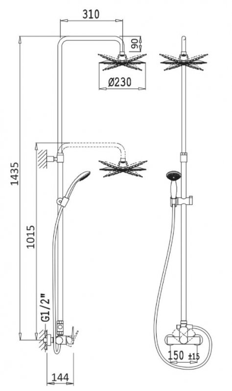 CZR-B-CDA-NOP Душевая стойка телескопическая со смесителем, с верхним и ручным душем, верхний душ диаметр 230 мм из ABC Исполнение: Черный матовый  CZR-B-CDA-NOP Душевая стойка телескопическая со смесителем, с верхним и ручным душем, верхний душ диаметр 230 мм из ABC Исполнение: Черный матовый
