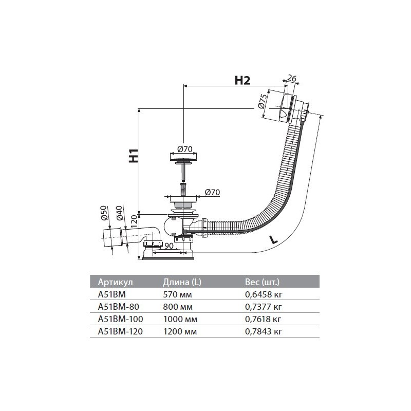 Сифон для ванны автомат комплект, белый Сифон для ванны автомат комплект, белый