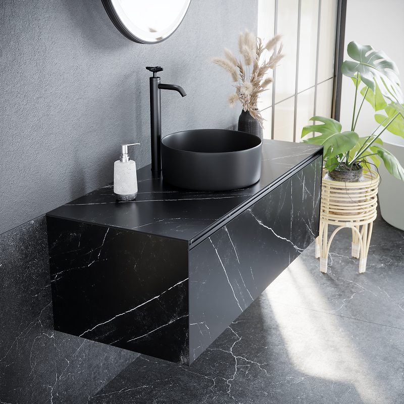 Тумба подвесная SANCOS Stone из керамогранита с одним выдвижным ящиком и столешницей из керамогранита 1200х400х495, керамогранит Nero Marquina, арт. ST120NM Тумба подвесная SANCOS Stone из керамогранита с одним выдвижным ящиком и столешницей из керамогранита 1200х400х495, керамогранит Nero Marquina, арт. ST120NM