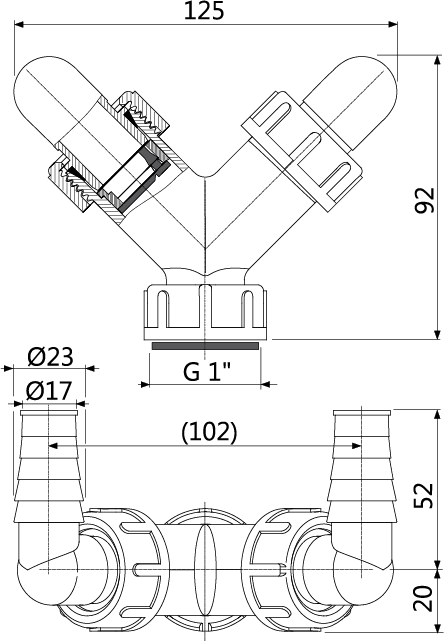 Колено с двумя штуцерами G1"/17–23 с обратными клапанами Колено с двумя штуцерами G1"/17–23 с обратными клапанами
