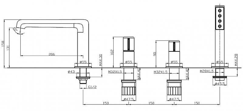 UNO Смеситель на борт ванны с ручным выдвижным душем, хром UNO-BVD4-CRM UNO Смеситель на борт ванны с ручным выдвижным душем, хром UNO-BVD4-CRM