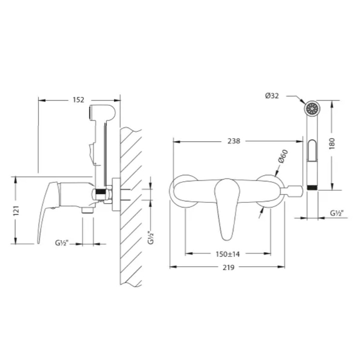 Смеситель настенный с гигиеническим душем, латунь/хром Смеситель настенный с гигиеническим душем, латунь/хром