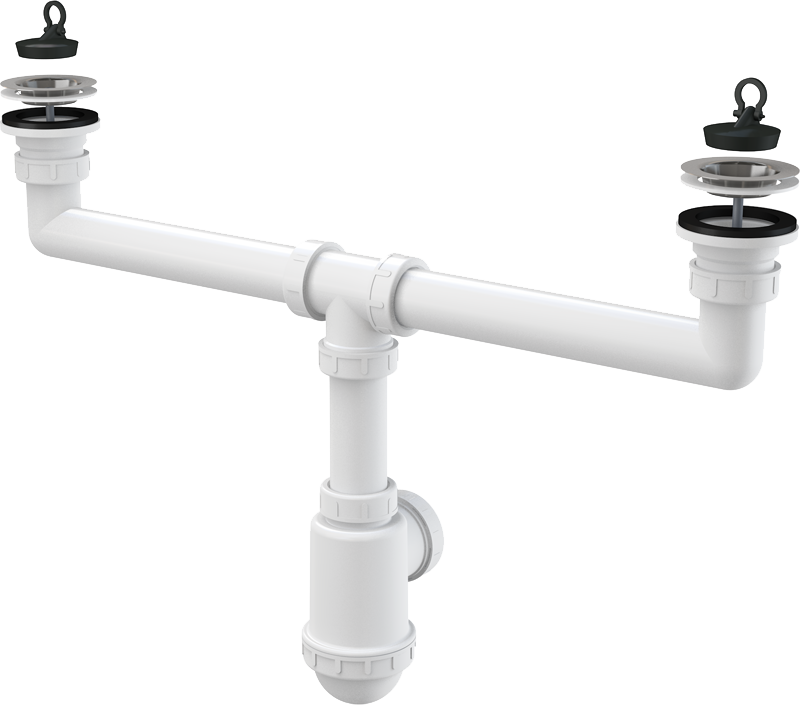 Сифон для сдвоенной мойки с нержавеющими решетками DN70 Сифон для сдвоенной мойки с нержавеющими решетками DN70