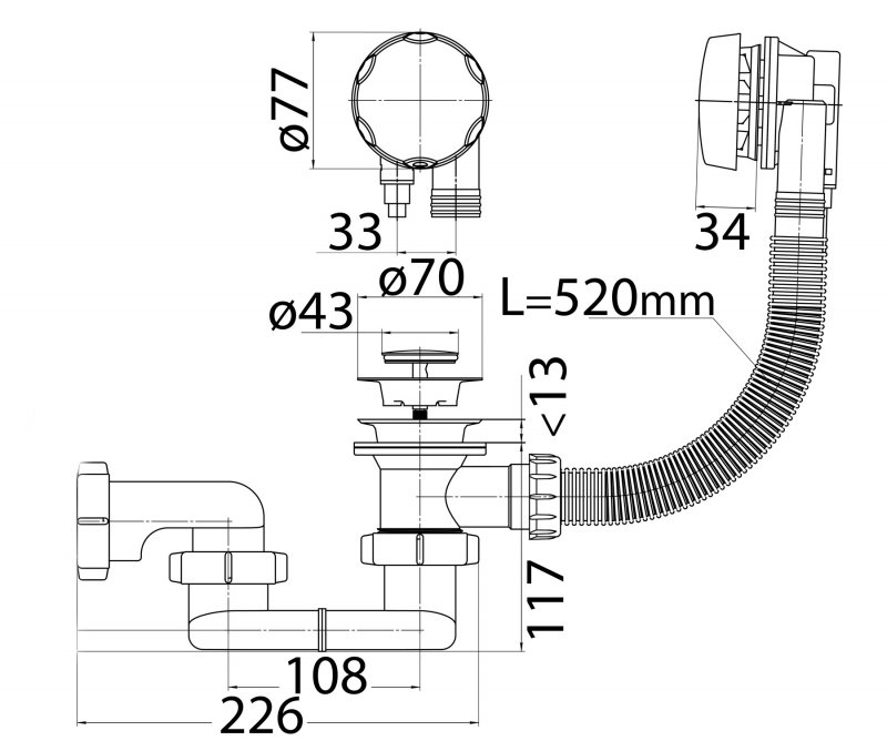 Слив-перелив полуавтомат для акриловой ванны CEZARES CZR-STP1-01 Слив-перелив полуавтомат для акриловой ванны CEZARES CZR-STP1-01