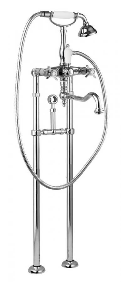 LORD-VDPS2-03/24-Bi Напольный смеситель для ванны с поворотным изливом,ручным душем и кронштейном для слива-перелива Исполнение: Золото 24 карат, Ручки: Белый  LORD-VDPS2-03/24-Bi Напольный смеситель для ванны с поворотным изливом,ручным душем и кронштейном для слива-перелива Исполнение: Золото 24 карат, Ручки: Белый