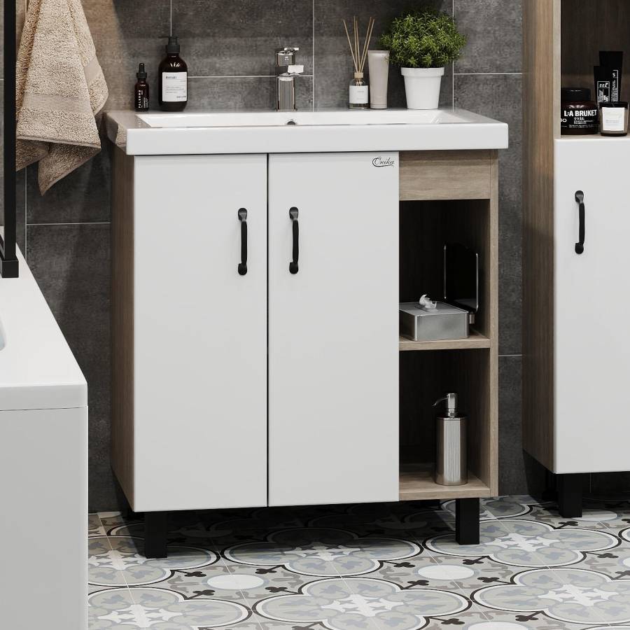 Тумба Onika Тимбер 70 напольная, белая мат./дуб сонома (ум. Фостер 70) Тумба Onika Тимбер 70 напольная, белая мат./дуб сонома (ум. Фостер 70)