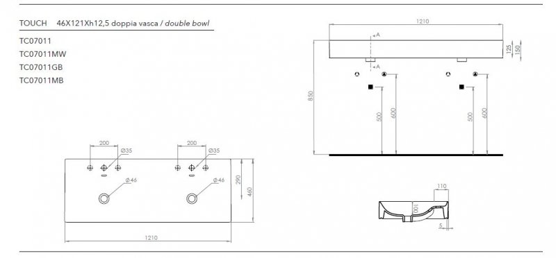 TOUCH Керамическая раковина c двумя чашами TC07011 белый глянцевый, 121x46x12,5 TOUCH Керамическая раковина c двумя чашами TC07011 белый глянцевый, 121x46x12,5