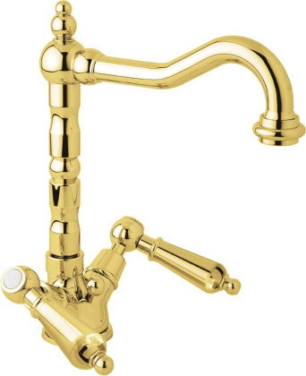 FIRST-LS2-03/24-Bi Смеситель для раковины с донным клапаном, исполнение золото, ручки белые