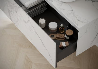 Тумба подвесная SANCOS Stone из керамогранита с одним выдвижным ящиком и столешницей из керамогранита 1200х400х495, керамогранит Statuario white, арт. ST120SV