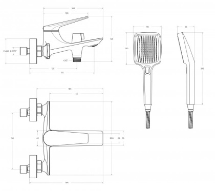 Смеситель для ванны и душа в комплекте с ручным душем, шлангом и держателем  CEZARES LINER-VD