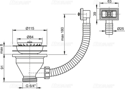 Донный клапан сифона для мойки 6/4" с нержавеющей решеткой DN115 и гофропереливом