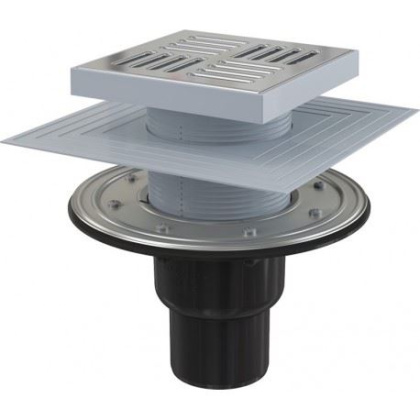 Сливной трап 150×150/50/75 мм прямой сток, решетка из нержавеющей стали, фланец из нержавеющей стали, воротник изоляции 2–го уровня, гидрозатвор сухой и мокрый