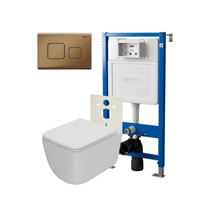 Сет: Система инсталляции Point Элемент для подвесного унитаза PN45120 + Клавиша смыва для инсталляции Point Афина, бронза брашированная, PN44041BB + Унитаз подвесной Point Меркурий безободковый, сиденье дюропласт микролифт, быстросъем, белый матовый PN418