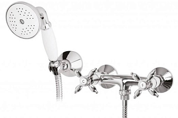 NOSTALGIA-D-01-Bi Смеситель для душа с ручным душем, шлангом и держателем Исполнение: Хром Ручка ручного душа:Белая  NOSTALGIA-D-01-Bi Смеситель для душа с ручным душем, шлангом и держателем Исполнение: Хром Ручка ручного душа:Белая