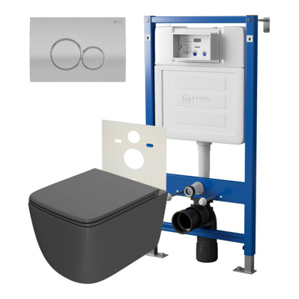 Сет: Система инсталляции Point Элемент для подвесного унитаза PN45120 + Клавиша смыва для инсталляции Point Виктория, цвет сатин/хром, PN44061SC + Унитаз подвесной Point Меркурий безободковый, сид.дюропласт микролифт быстросъем, графит, PN41831GM