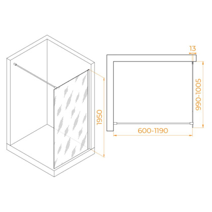 Душевая перегородка 100*195 RGW WA-010 Хром/Тонированное(серое)/8 мм