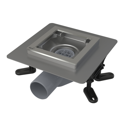 Сливной трап из нержавеющей стали низкий 130×130 мм боковой сток, без pешетки, гидрозатвор мокрый