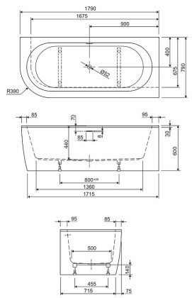 Акриловая ванна угловая правосторонняя, щелевой слив-перелив, чёрная фронтальная панель, белая чаша, 1790х790х600, SLIM CORNER-180-80-60-R-NERO-SET