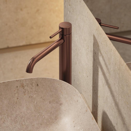 Смеситель для раковины ETERNA однорычажный, высокий, без дон\клапана 3/8”, брашированная медь, pvd