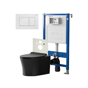Сет: Система инсталляции Point Элемент для подвесного унитаза PN45120 + Клавиша смыва для инсталляции Point Ника, белая, PN44081W + Унитаз подвесной Point Вега безободковый, чёрн мат, PN41711BM
