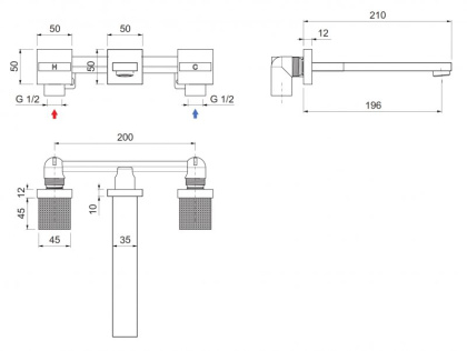 PRIZMA-BLI3-03/24 Смеситель для раковины встраиваемый на три отверстия, исполнение золото