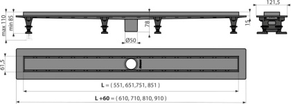 Водоотводящий желоб с порогами для перфорированной решетки или решетки под кладку плитки, без гидрозатвора