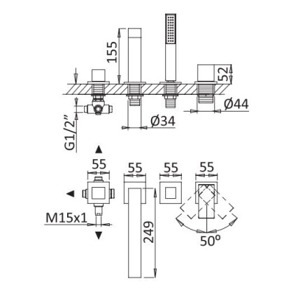 PORTA-BVDM4-SS Смеситель на борт ванны врезной, на 4 отверстия, исполнение sunset
