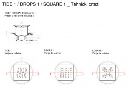 13000001 Точечный трап 150х150 мм CONFLUO STANDARD TIDE 1, металл с перфорацией Tide (Волна), без рамки Исполнение: Хром 