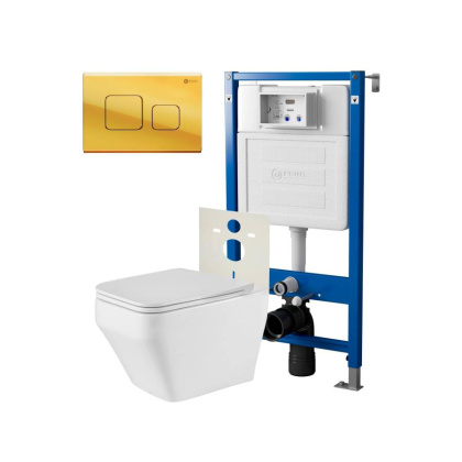 Сет: Система инсталляции Point Элемент для подвесного унитаза PN45120 + Клавиша смыва для инсталляции Point Афина, золото, PN44041G + Унитаз подвесной Point Аврора PN41101 безободковый, белый, сиденье дюропласт, микролифт, быстросъемное