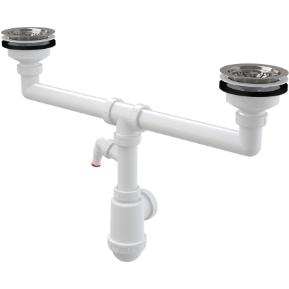 Сифон для сдвоенной мойки с нержавеющими решетками DN115 и штуцером Сифон для сдвоенной мойки с нержавеющими решетками DN115 и штуцером